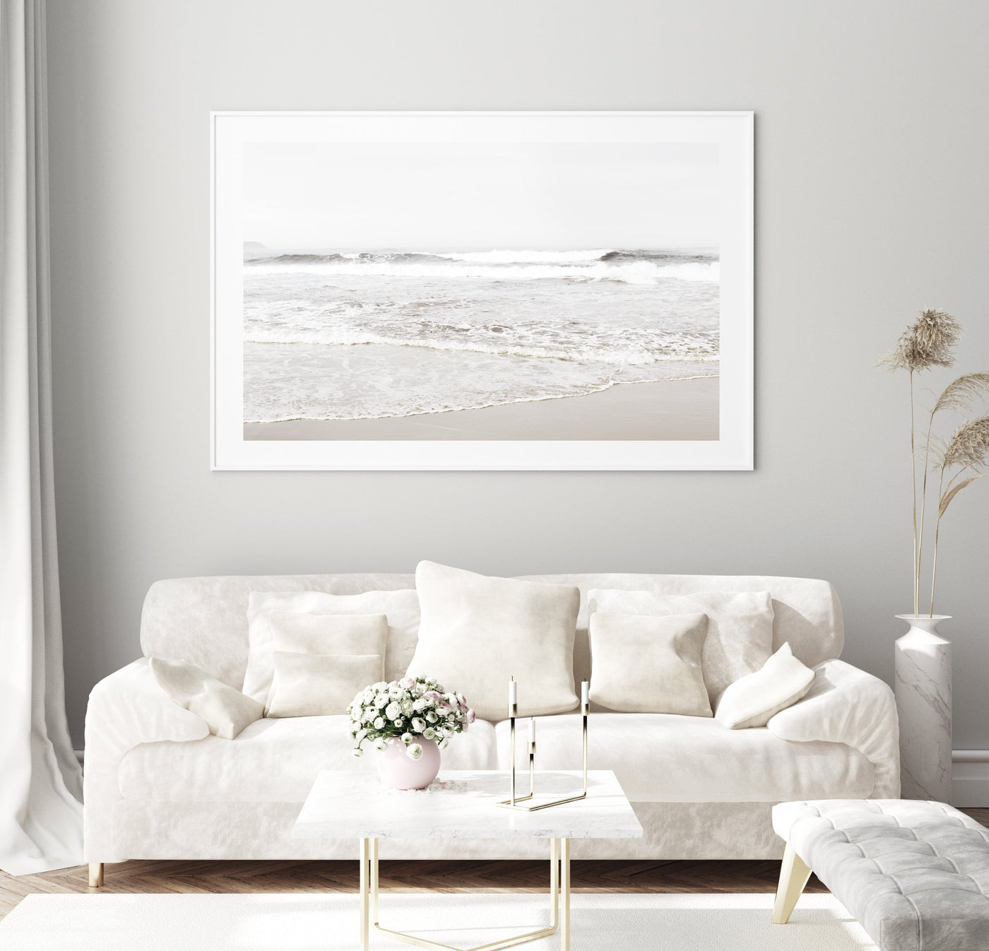 Pastel beach print in neutral earth tones for contemporary living room over sofa | arrtopia