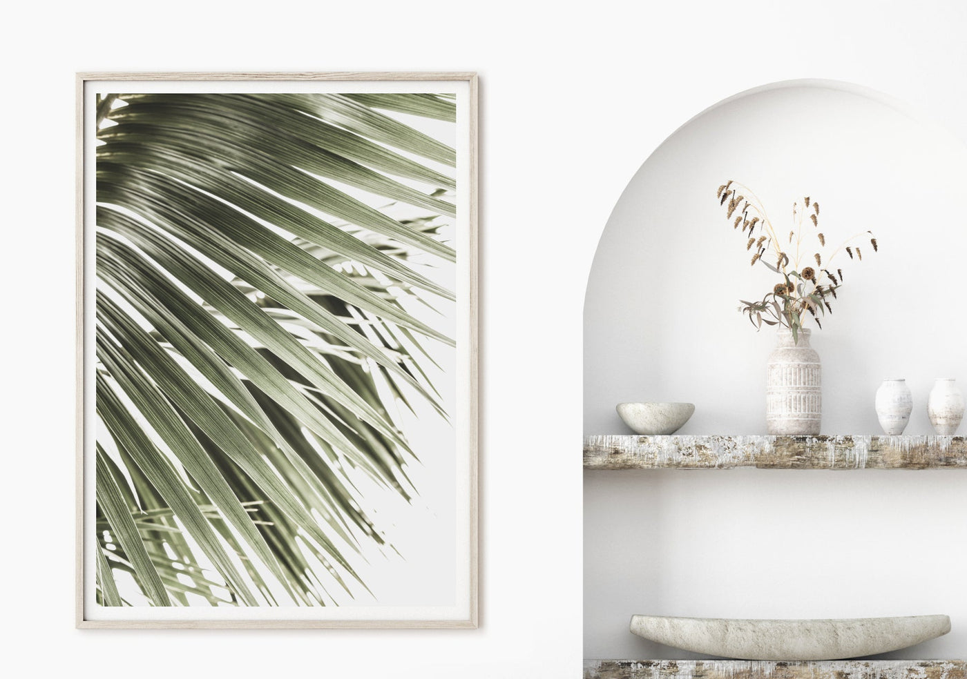 palm leaf wall art print in muted green color for contemporay living room