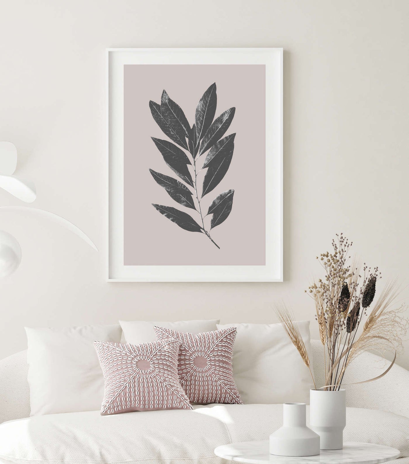 blush pink botanical art print by arrtopia in a contemporary scandi living room