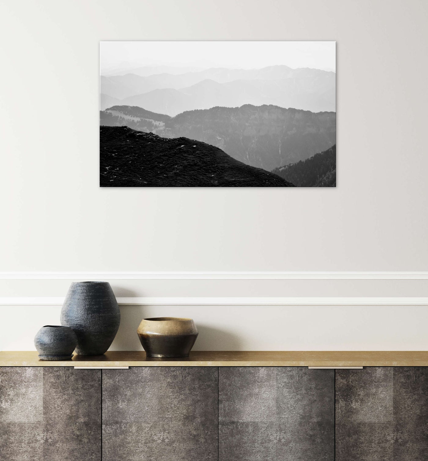 Black & White Foggy Mountains I | Nature Wall Art | Stretched Canvas Print