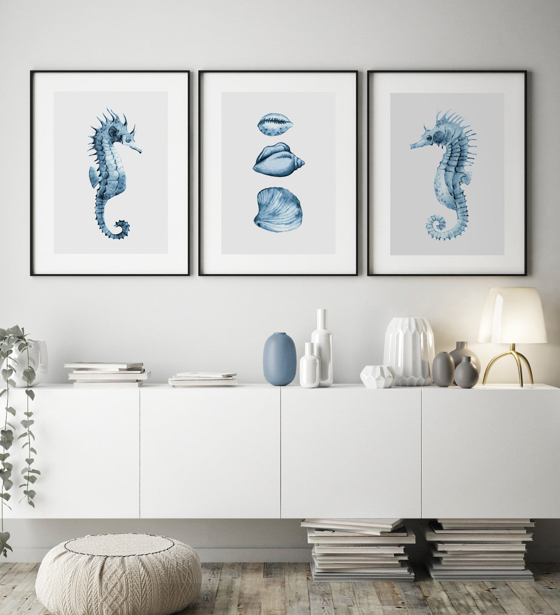 Seahorses & Seashells Set of 3 | Coastal Wall Art Prints