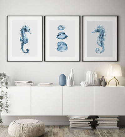 Seahorses & Seashells Set of 3 | Coastal Wall Art Prints