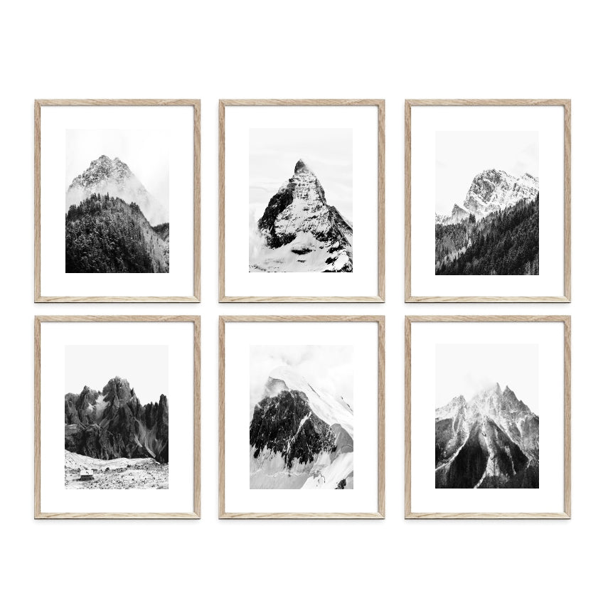 mountian wall art, set of 6, black & white nature prints | arrtopia