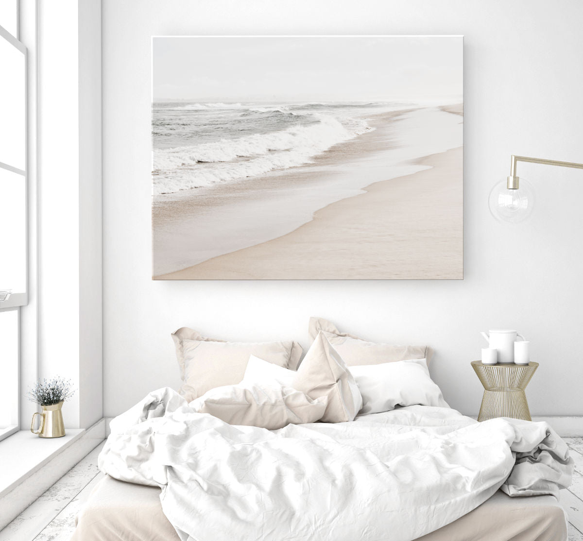 oversized framed canvas beach art print by arrtopia in a minimalist style bedroom 