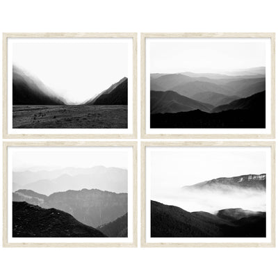 foggy mountains prints set of 4, black & white nature wall art | arrtopia