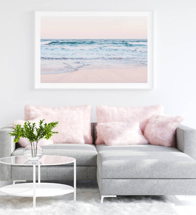 sunset beach print, pink coastal wall art by arrtopia