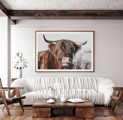 highland cow wall art, animal poster for rustic living room | arrtopia