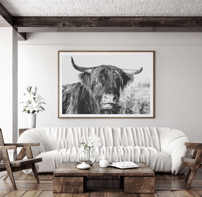 black & white highland cow art print, animal wall art for rustic living room | arrtopia