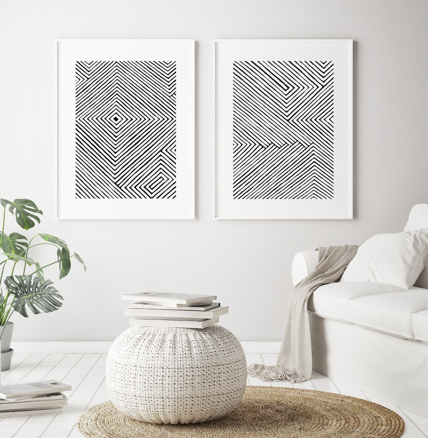 Black & White Abstract Wall Art, Contemporary Geometric Art Print Set, Ready-to-Hang Canvas, Extra Large Wall Decor | arrtopia