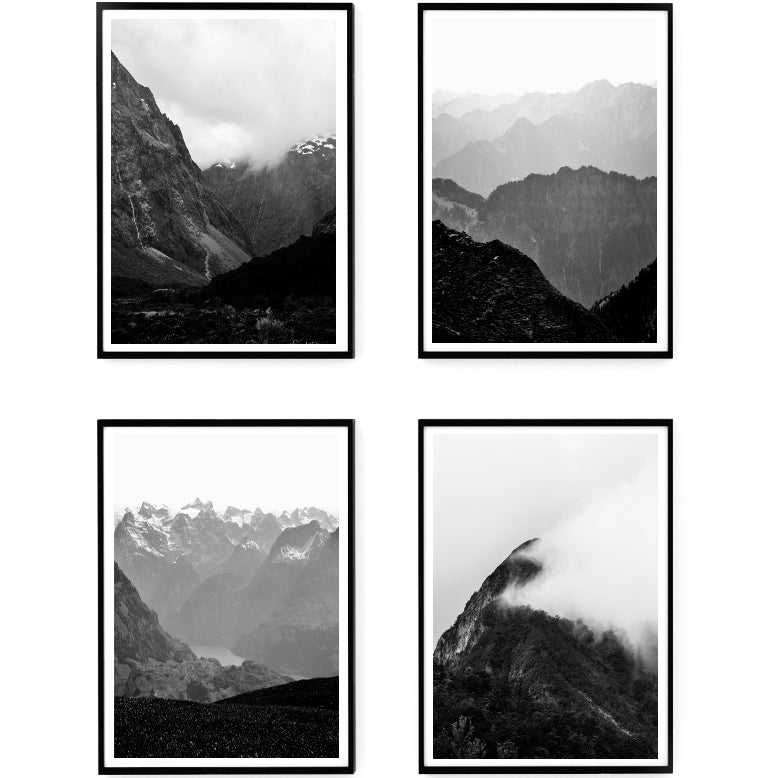nature wall art, black & white mountain print set of 4 | arrtopia