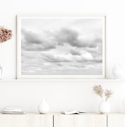 grey cloud wall art print, white decor for living room | arrtopia