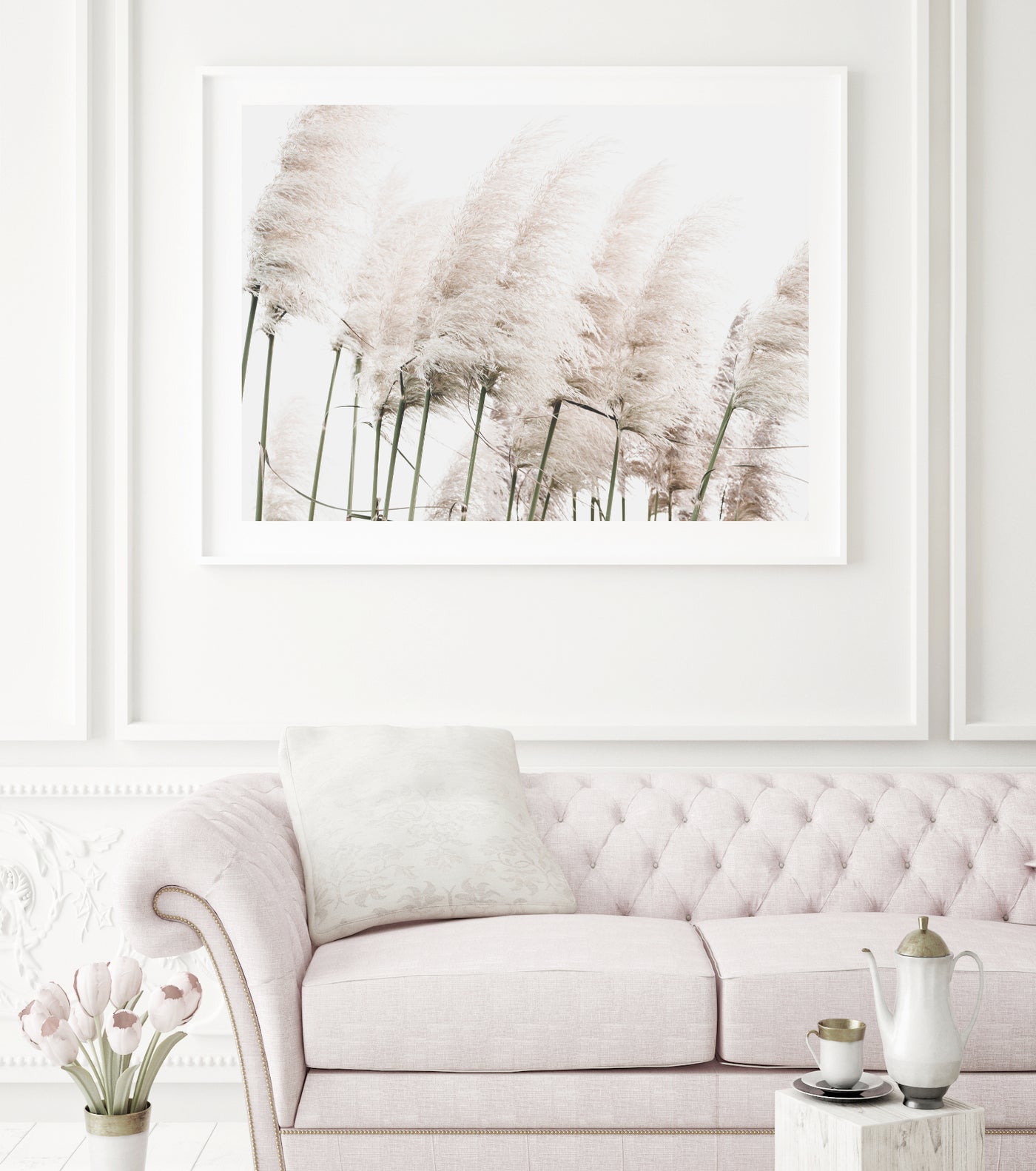 large pampas grass wall art print for white living room | arrtopia 