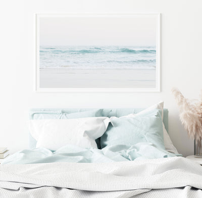extra large pastel beach wall art over a bed | arrtopia