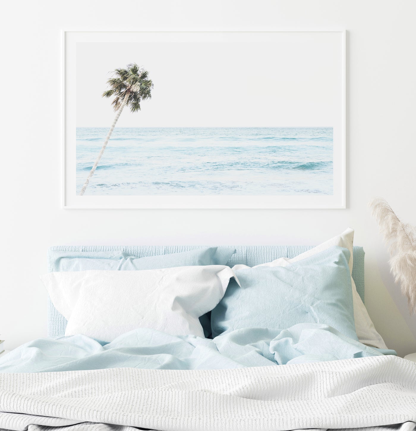 minimalist coastal art print in pastel blue tones for contemporary bedroom | arrtopia