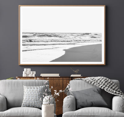 Black and White Coastal Wall Art, Beach Photography Print, Extra Large Living Room Wall Decor | arrtopia
