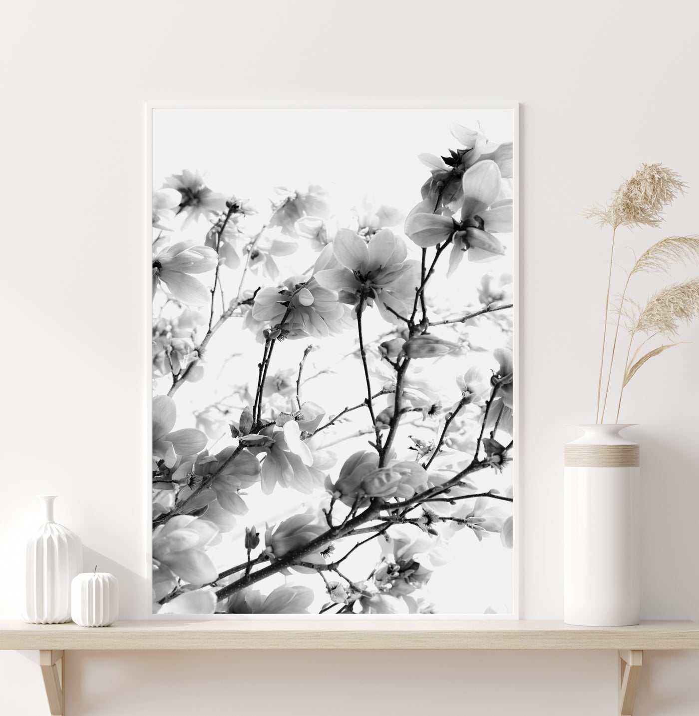Flower Wall Art, Black & White Magnolia Print, Large Nordic Living Room Wall Decor | arrtopia