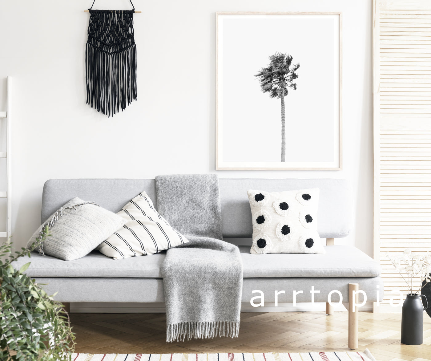 large minimalist black and white palm wall art print for living room | arrtopia