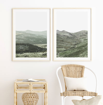 muted green mountain wall art set, contemporary living room decor | arrtopia