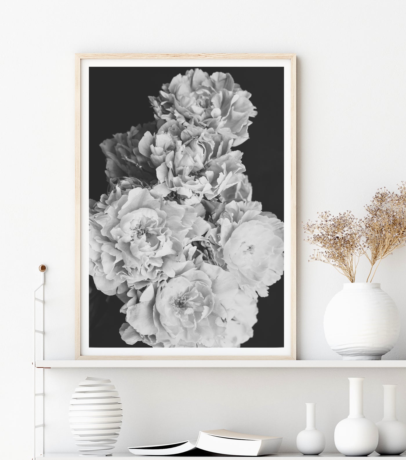 Flower Wall Art, Black & White Peony Print, Large Floral Living Room Wall Decor | arrtopia