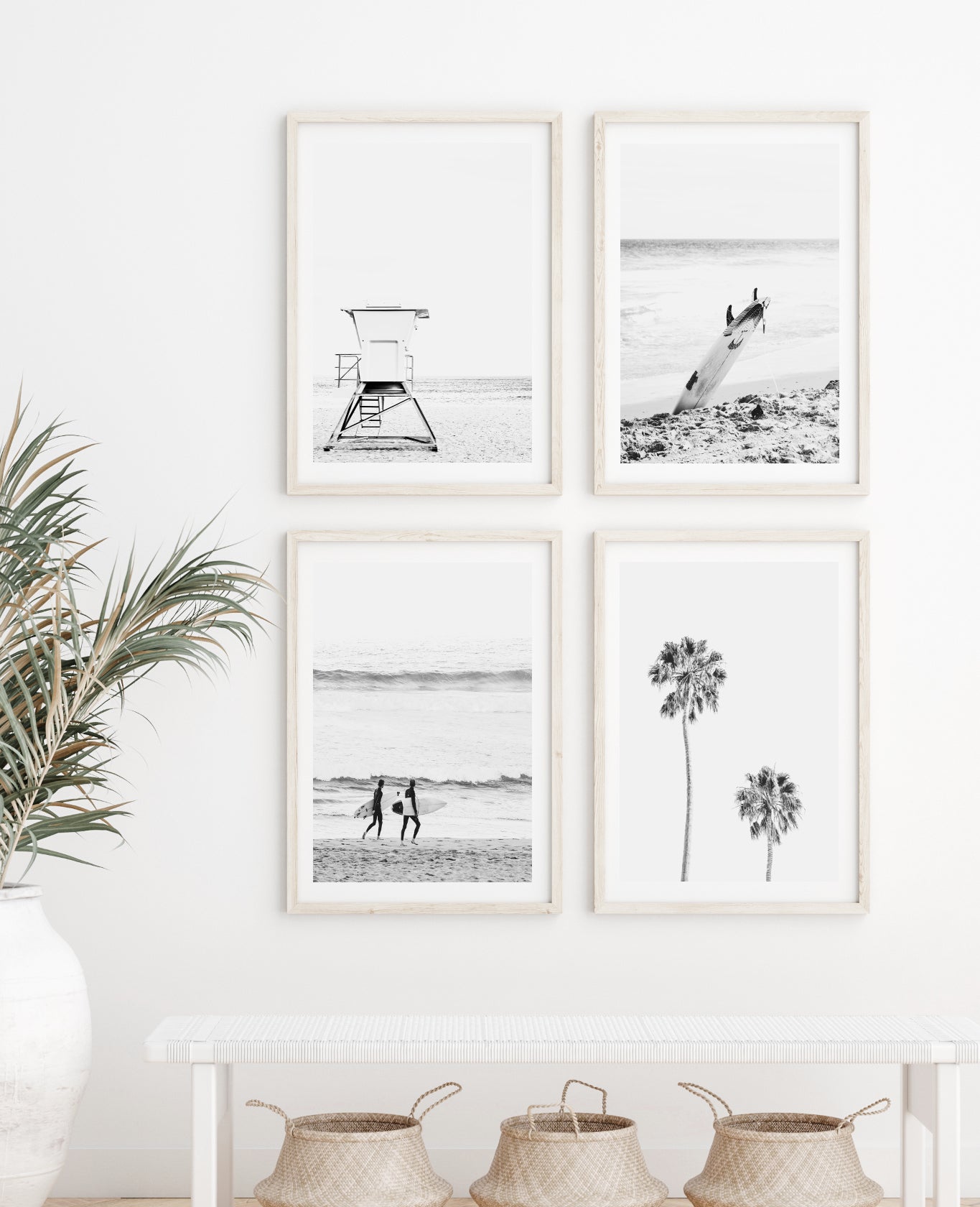 set of 4 prints, black & white coastal surfing wall art | arrtopia