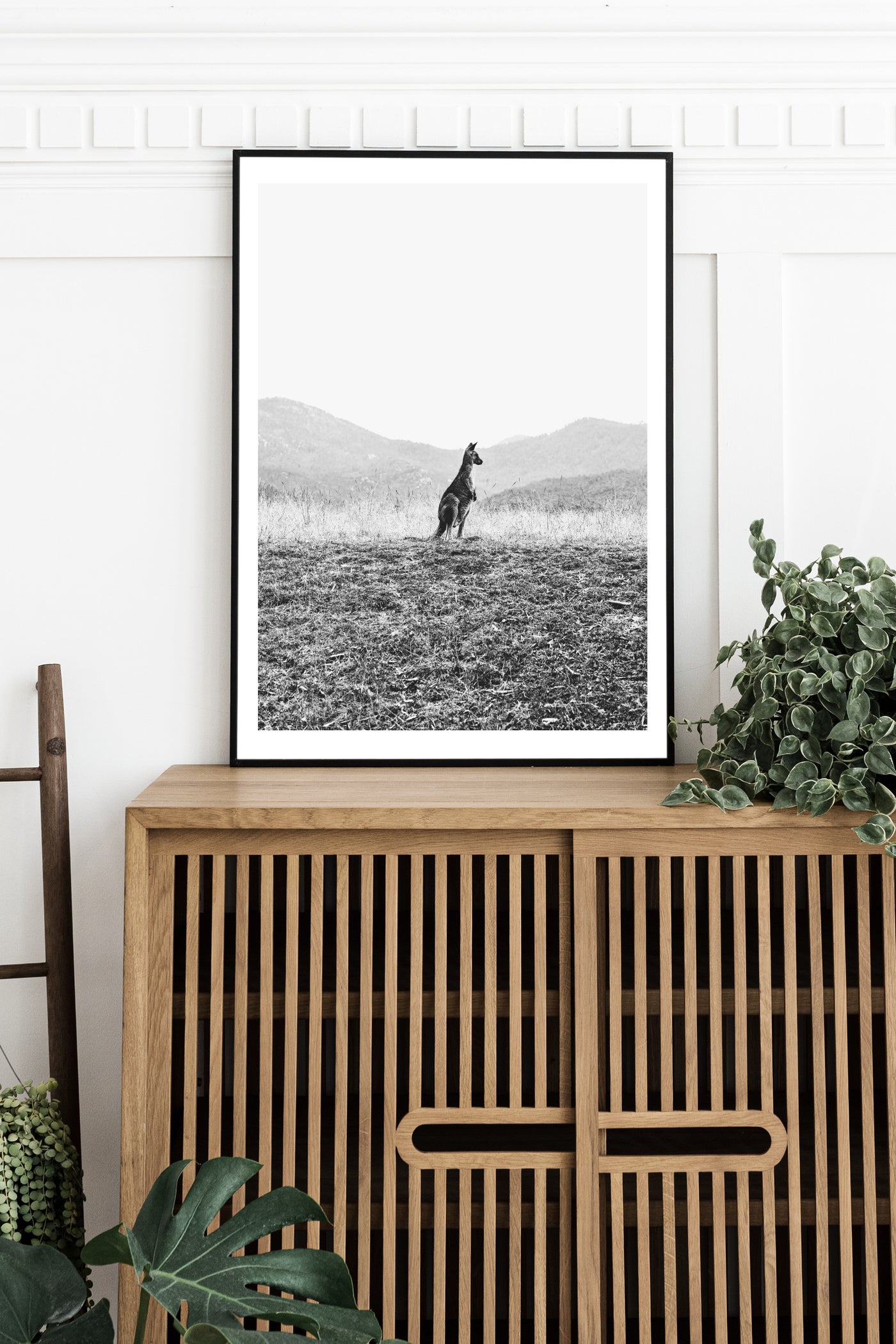 large black and white kangaroo art print for modern living room 